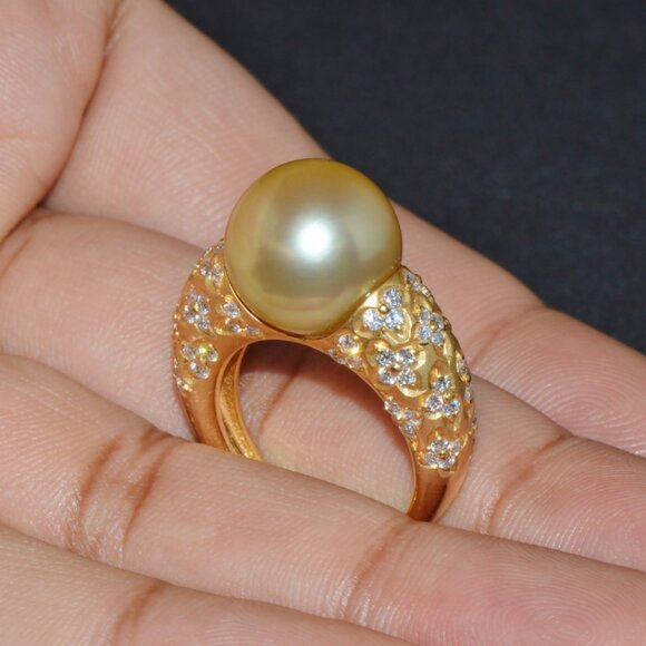 Certified Natural 1.31Cts VS F Diamond 13MM South Sea Pearl 18K Solid Gold Ring - Picture 5 of 10